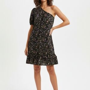 French Grey One-Shoulder Floral Dress